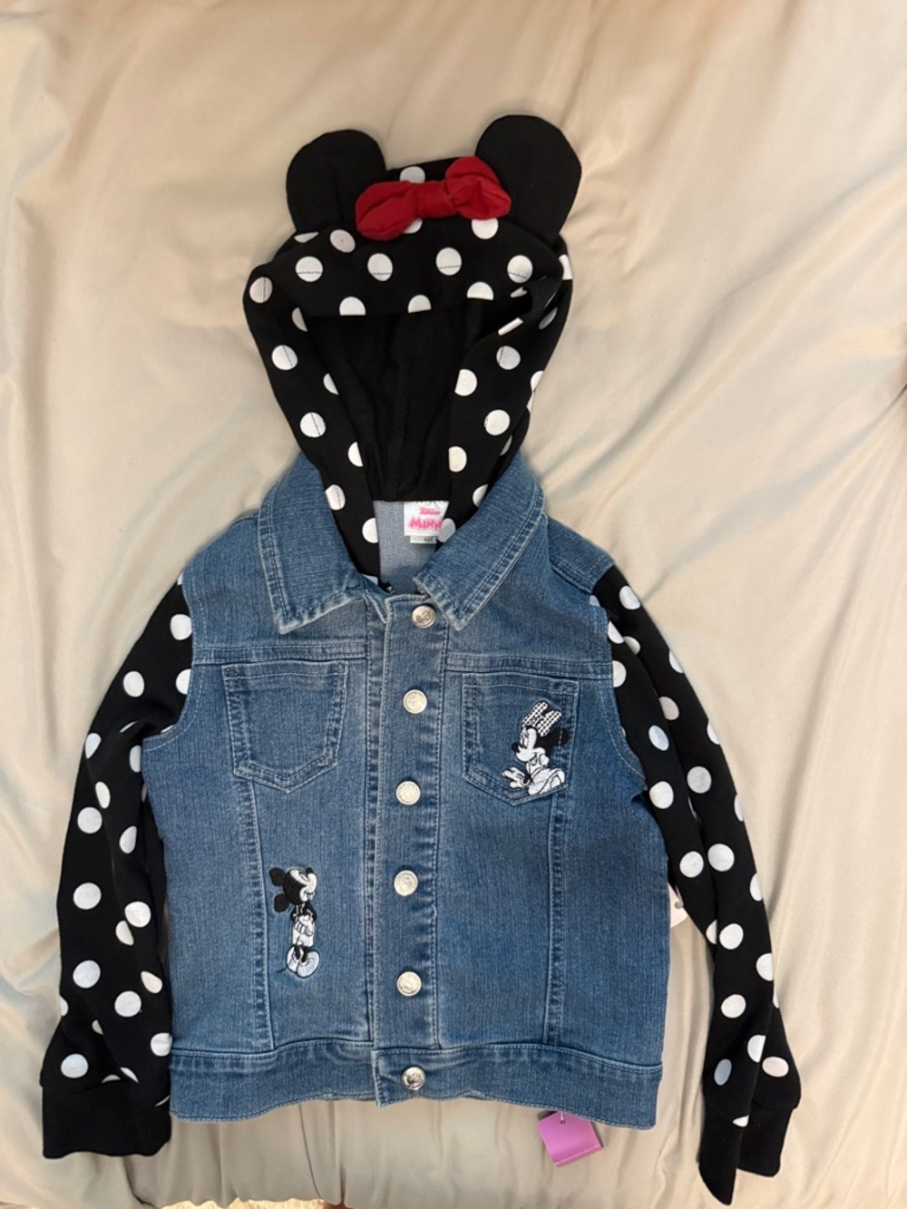 Disney Blue Denim Jacket with Black & White Polka Dot Hood and Red Bow